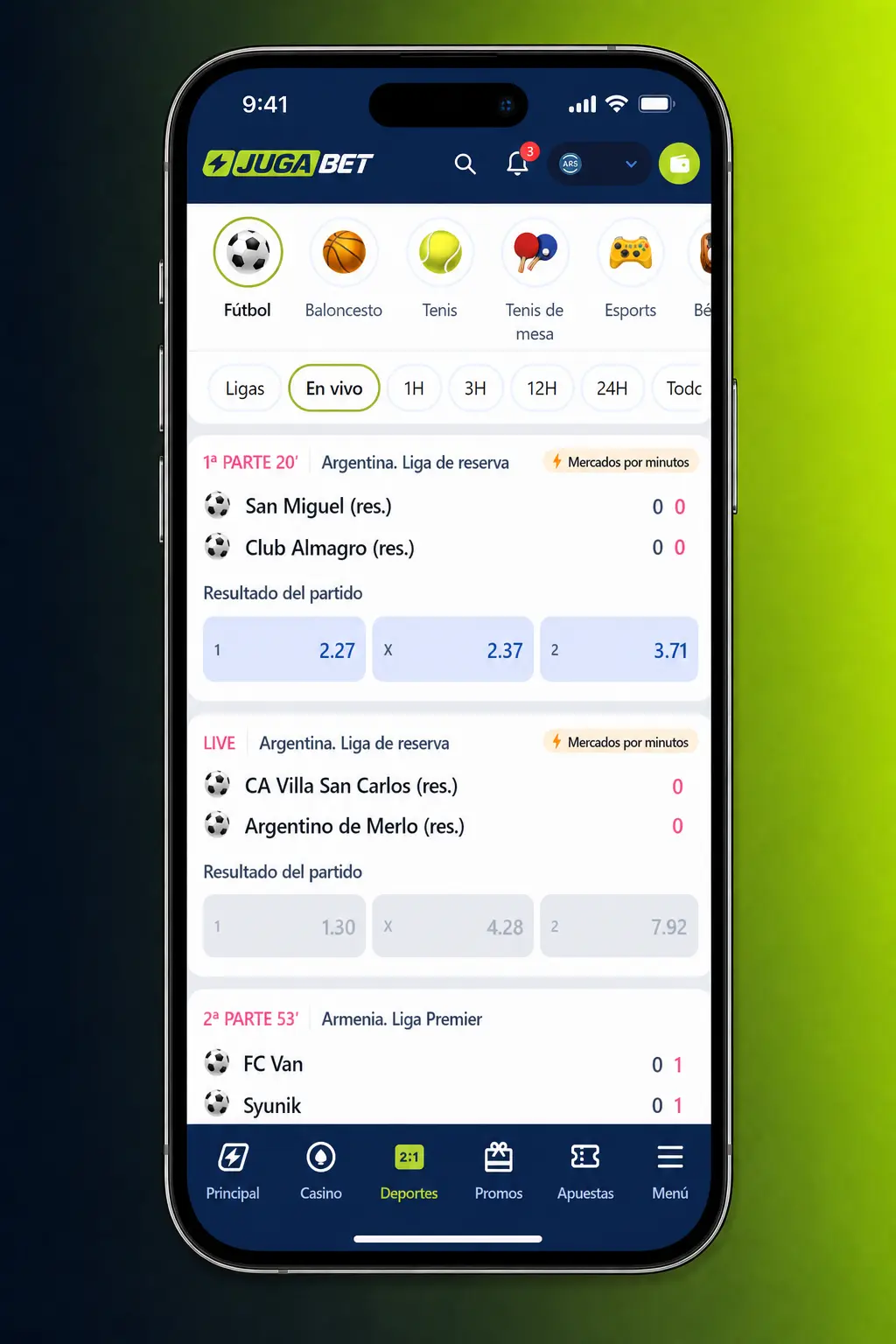 Captura de la app de Jugabet mostrando mercados de apuestas de básquet, cuotas en vivo y opciones para NBA y Liga Nacional.
