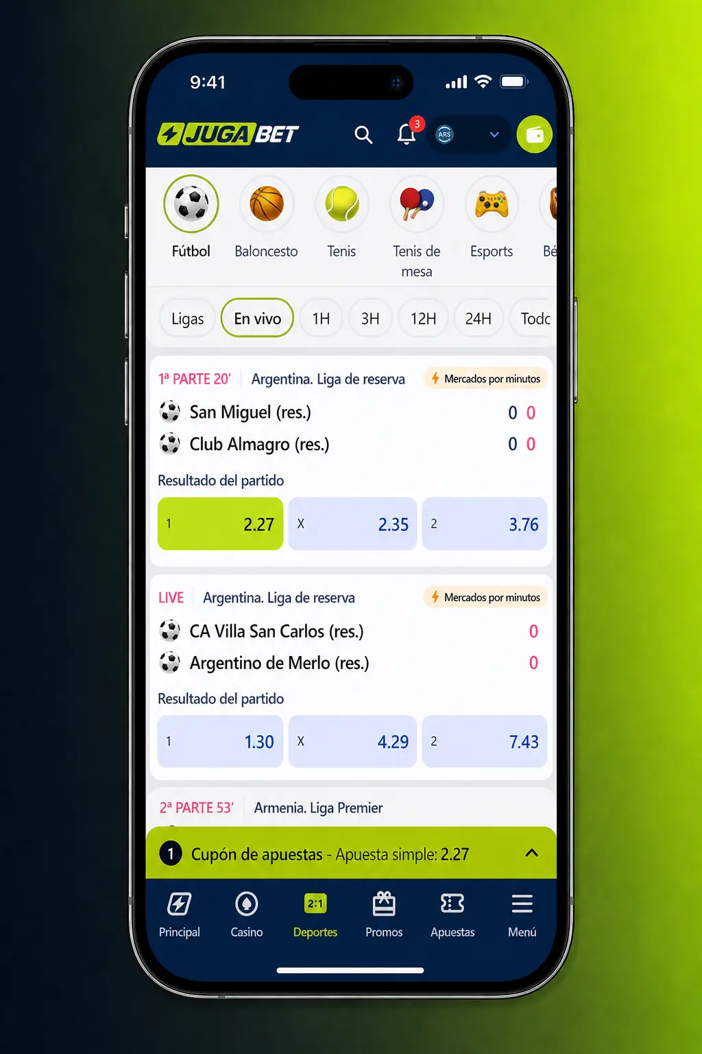 Captura de la app de Jugabet mostrando mercados de apuestas de básquet, cuotas en vivo y opciones de NBA y Liga Nacional.
