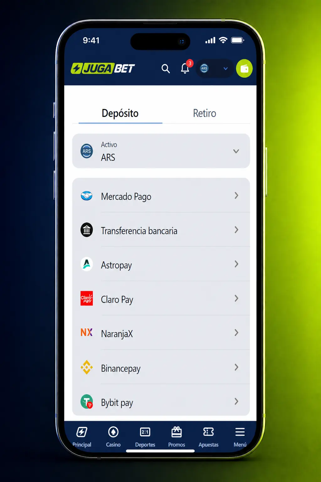 Captura de la app móvil de Jugabet mostrando el mercado de apuestas de esports disponible para descargar
