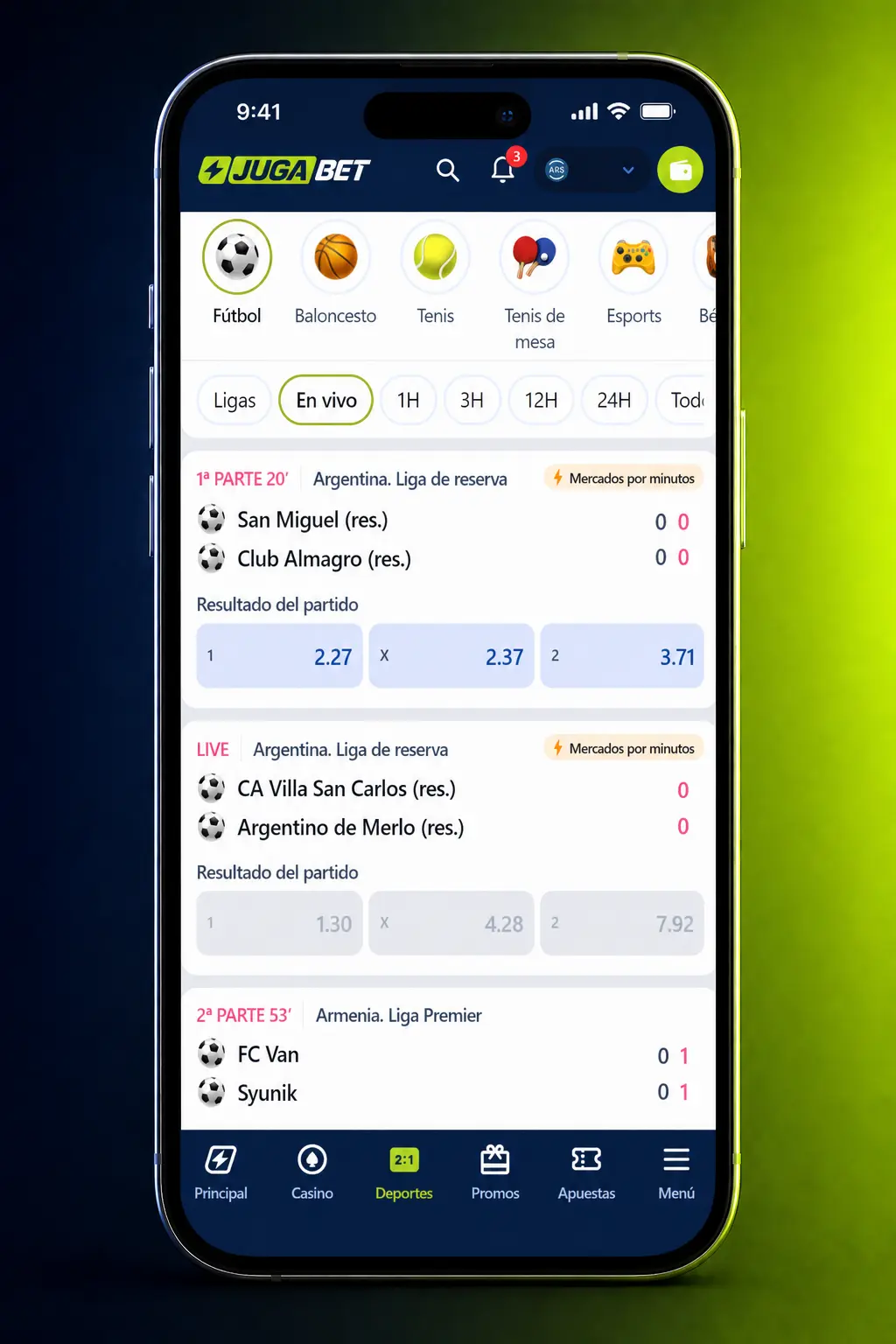 Captura de la app móvil de Jugabet mostrando mercados de apuestas en esports disponibles para descargar