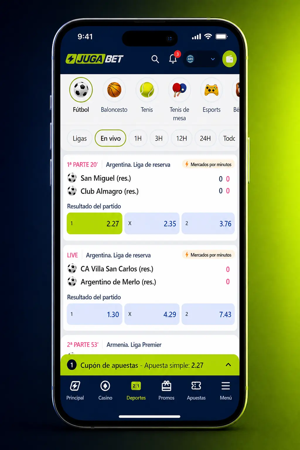 Captura de la app móvil de Jugabet mostrando las opciones para apostar en esports desde el celular.
