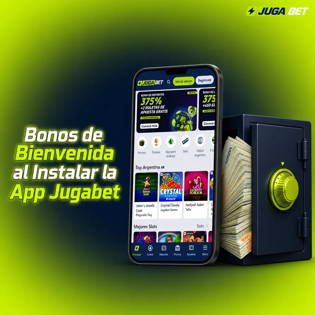 Bonos de bienvenida al instalar la app Jugabet: 275% en depósito deportivo y de casino, más freebets y freespins.