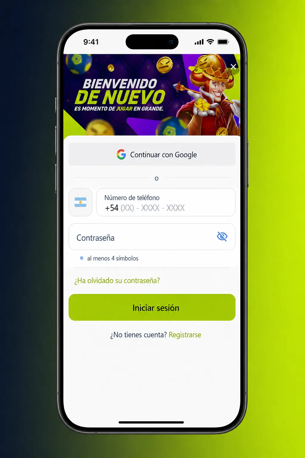 Pantalla de inicio de sesión en la app móvil de Jugabet mostrando los campos para usuario y contraseña