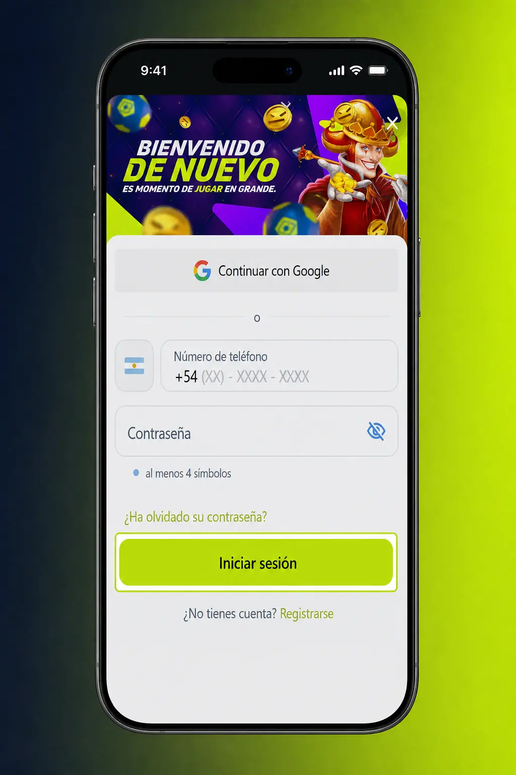 Pantalla de inicio de sesión en la app de Jugabet mostrando los campos para usuario y contraseña