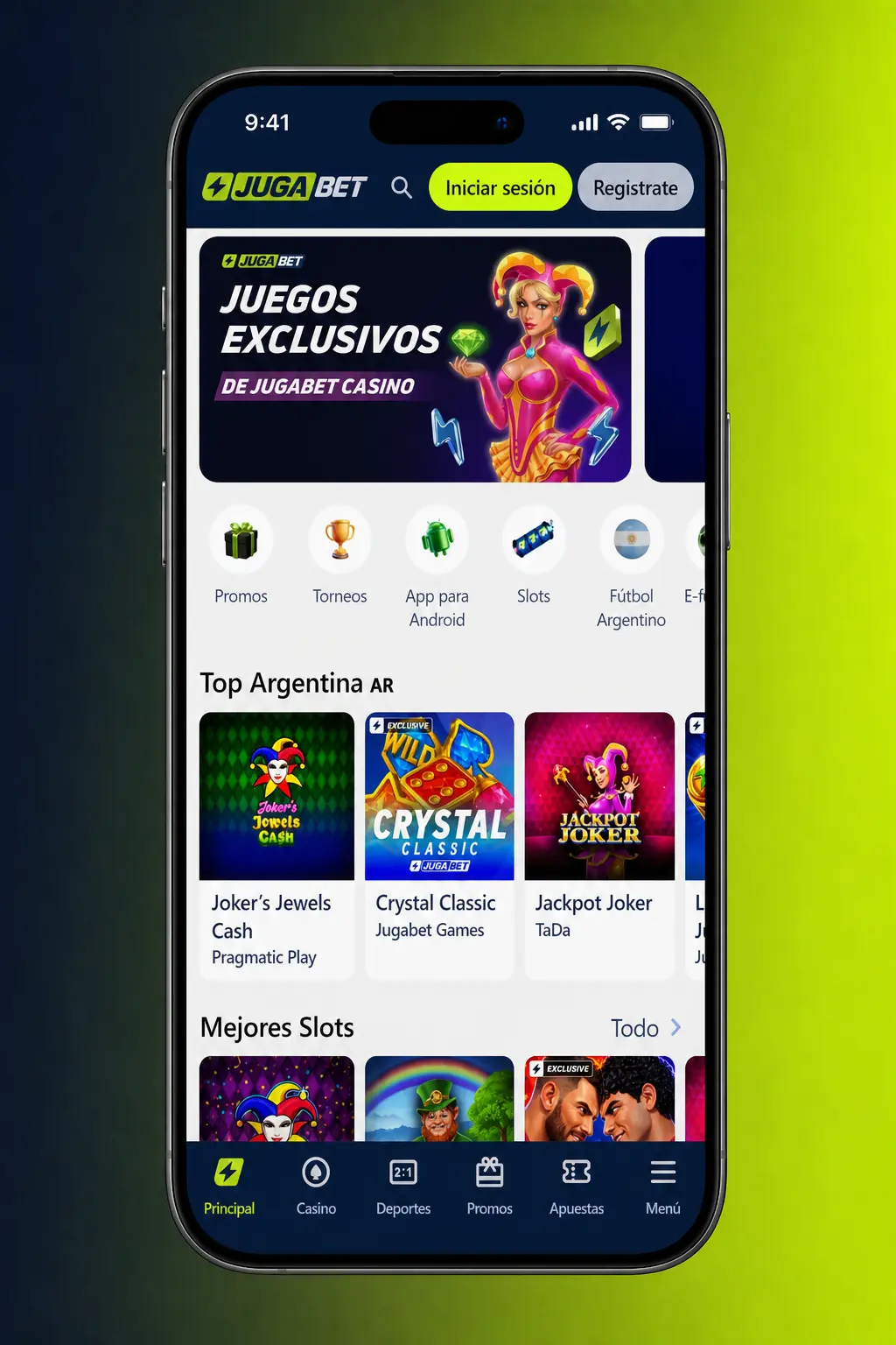 Pantalla de inicio de sesión en la app móvil de Jugabet mostrando los campos de usuario y contraseña