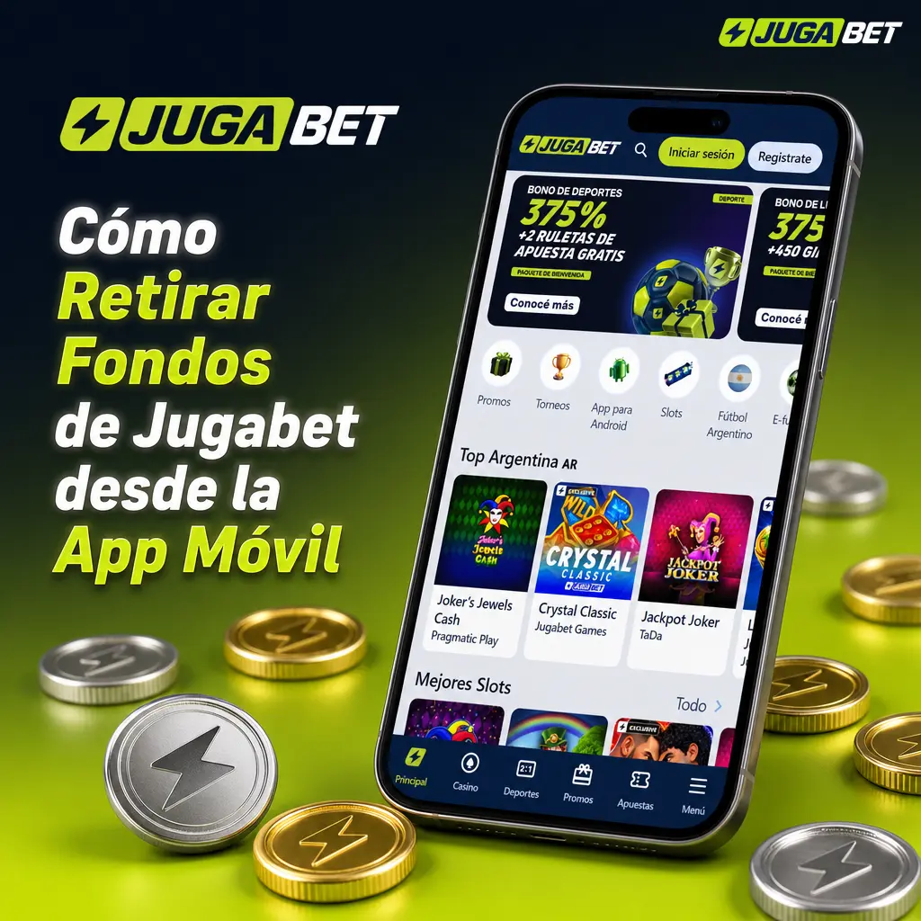 Pasos para retirar fondos de Jugabet desde la app móvil: elegir método de pago, confirmar monto y esperar acreditación.