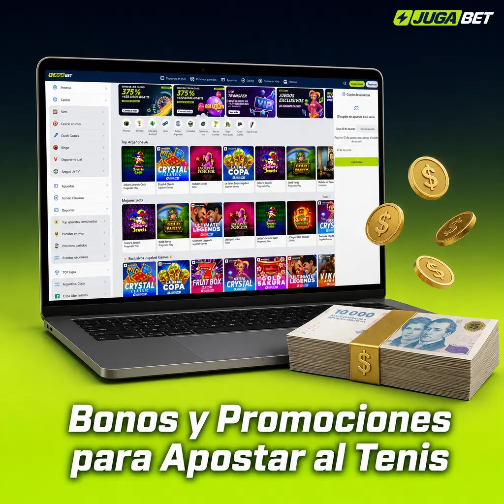 Bonos y promociones de Jugabet para apostar al tenis: bienvenida deportiva 275% más freebets y bono casino con giros gratis