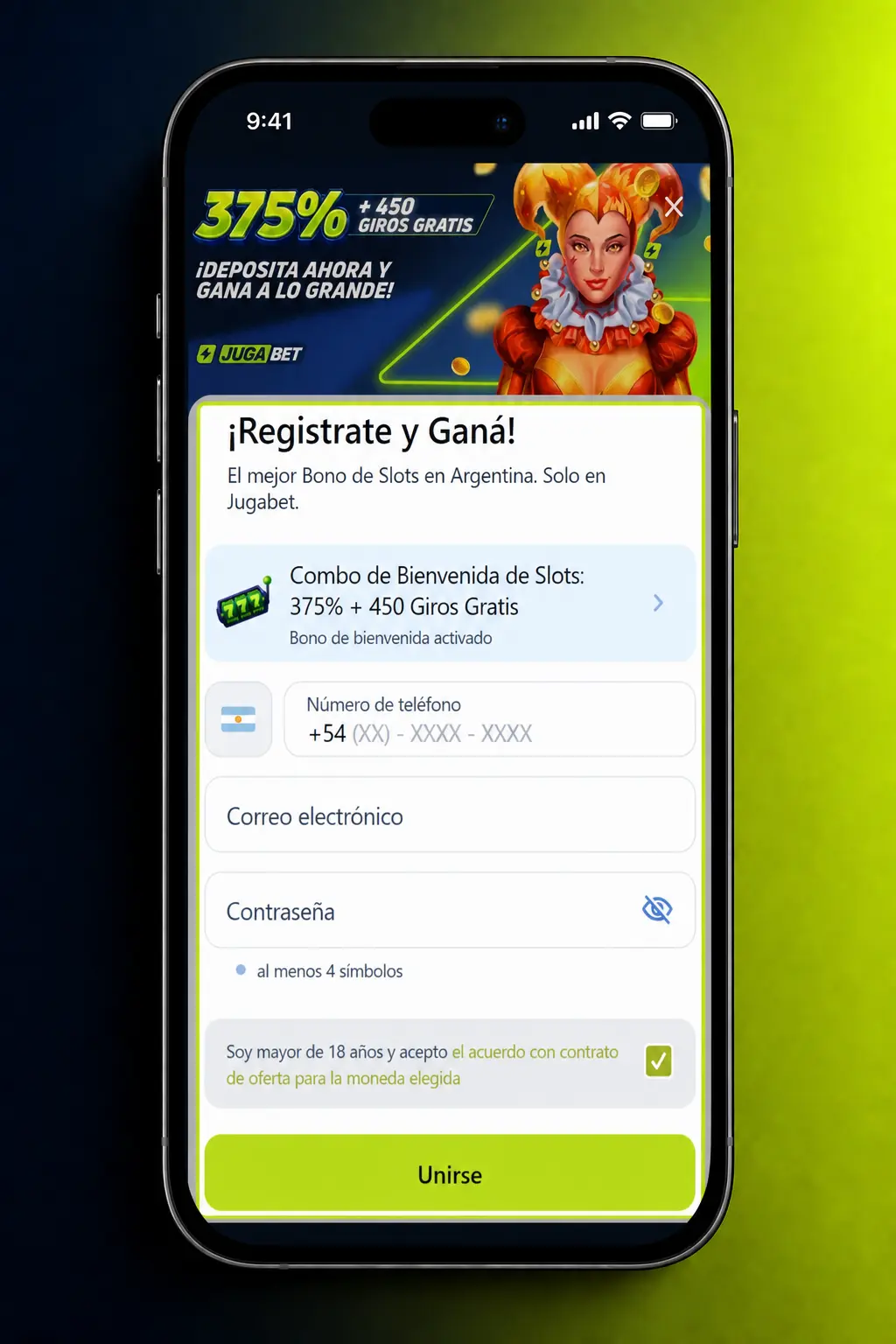 Formulario de registro con DNI, correo electrónico y teléfono para crear tu cuenta y empezar a jugar.