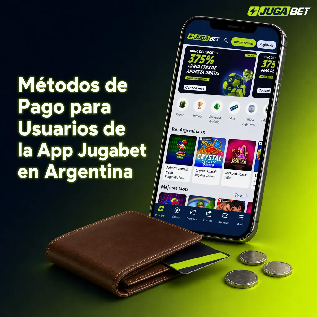 Métodos de pago en la app Jugabet Argentina: Mercado Pago, Pago Fácil, Rapipago, transferencia bancaria, tarjetas y criptomonedas.
