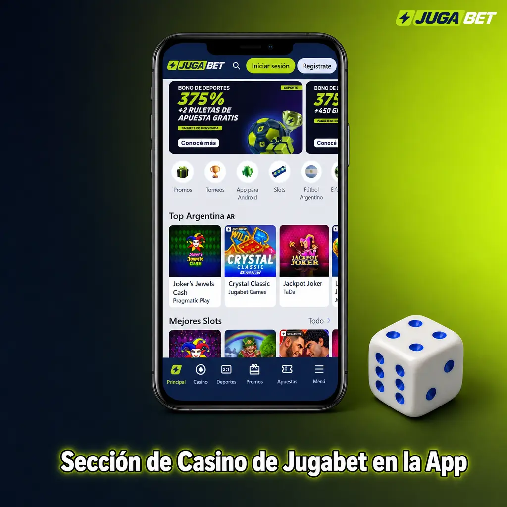 Sección de casino de Jugabet en la app con tragamonedas, mesas en vivo, crash games y jackpots progresivos